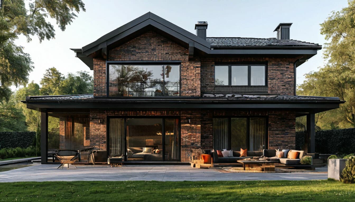 Фасад современного двухэтажного дома из кирпича и панорамного остекления