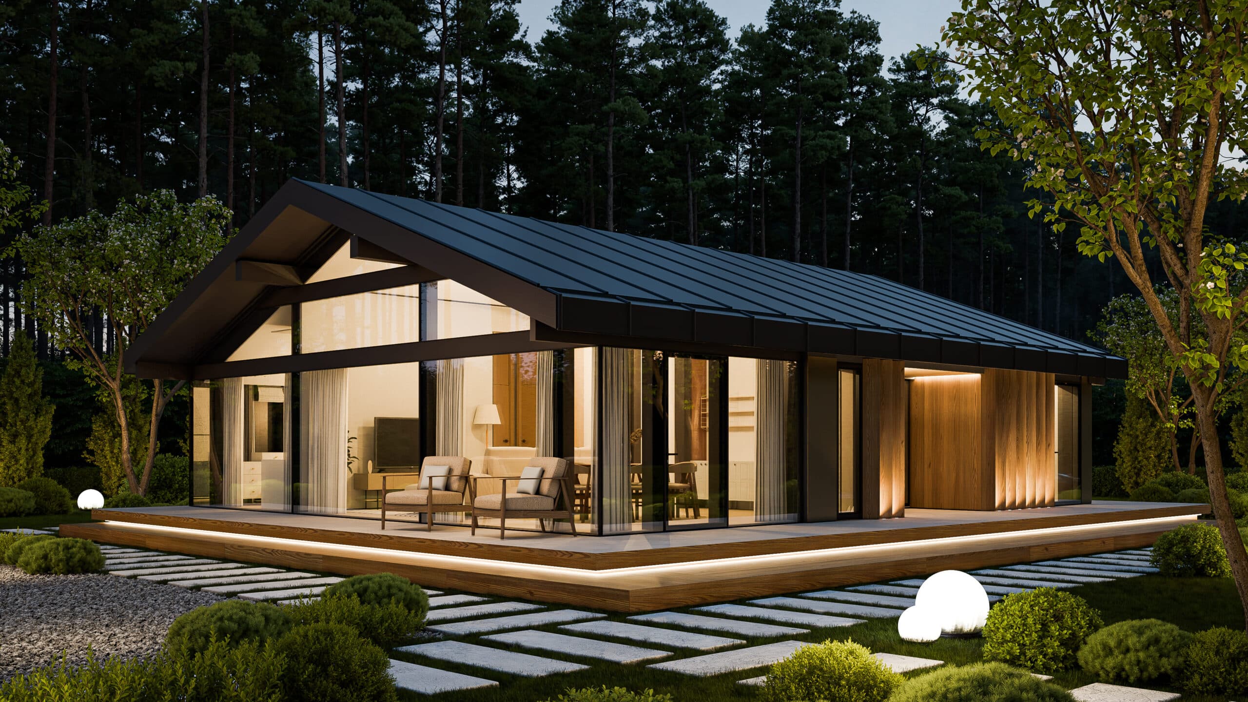 Модульное здание — баня или хозблок с панорамным остеклением